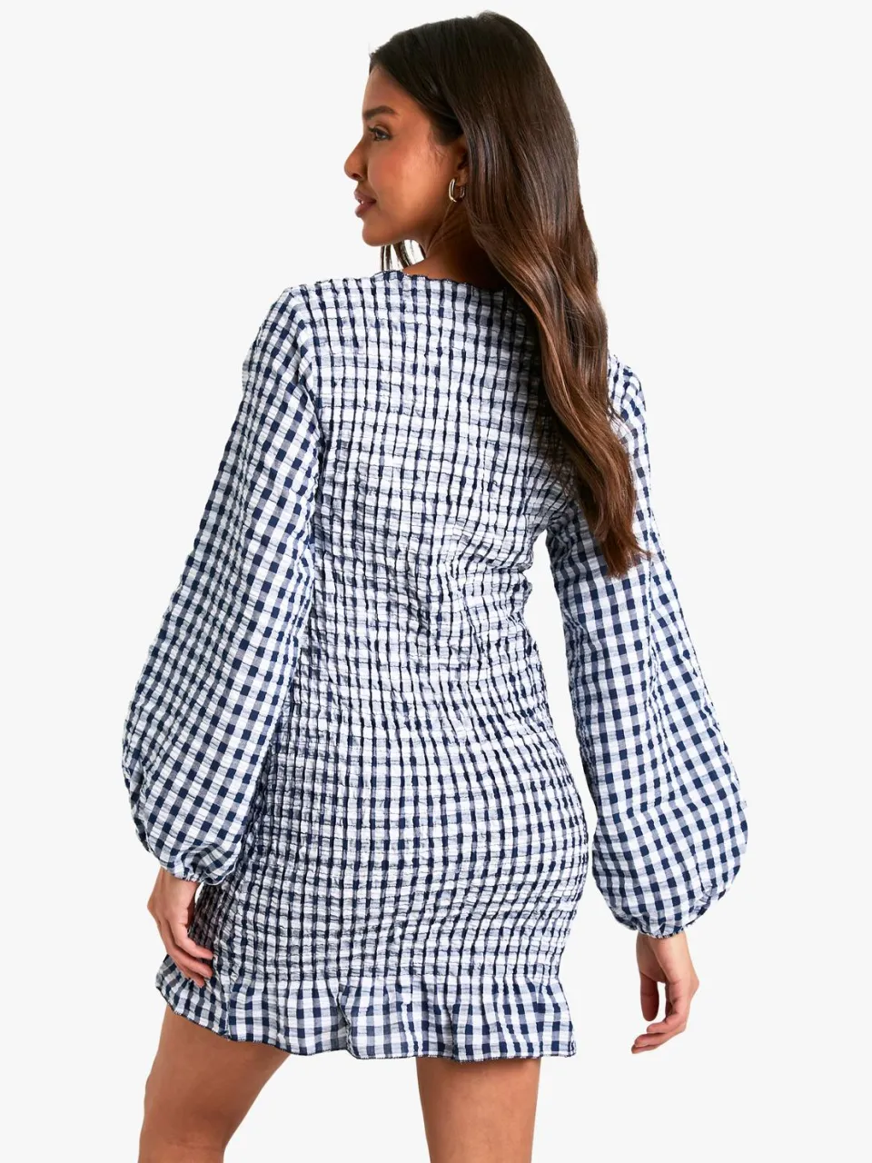 boohoo Dames Gingham geplooide lange mouw mini jurk marineblauw, foto 3