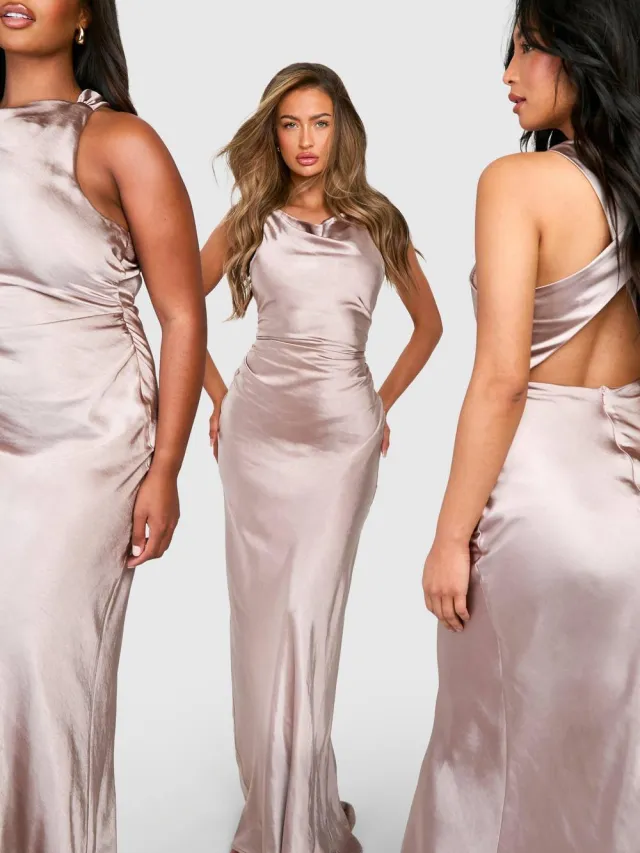 boohoo Dames Bruidsmeisje Satijn Maxi Jurk met Hoge Halslijn paddestoel, foto 2