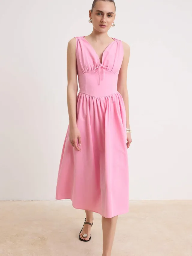 Trendyol TRENDYOLMİLLA Dames Roze Effen Midi Mouwloos Skater Jurken
