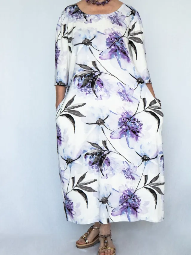vetla Paars gebloemde bohemian jurk EU 50/52 Paarsgebloemde op wit