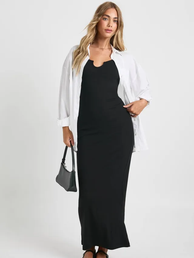 boohoo Dames Basic Rib Notch Maxi Jurk Zwart