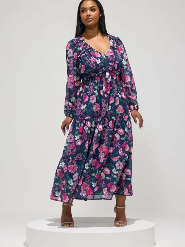 Yours London Marineblauwe Jurk Met Bloemenprint Blue