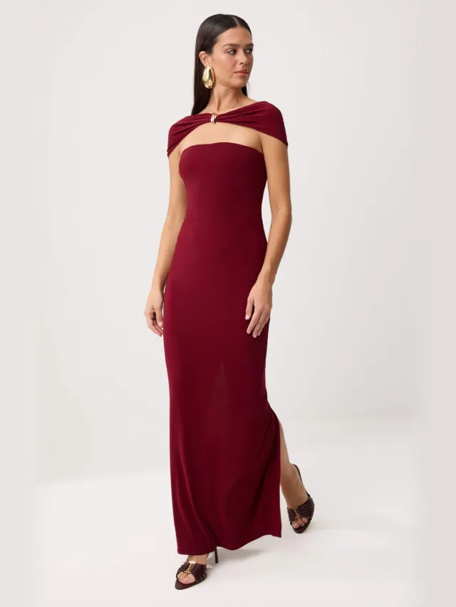 Trendyol TRENDYOLMİLLA Dames Bordeaux Effen Maxi Mouwloos Recht Avond & Gala Jurk Bordeauxrood
