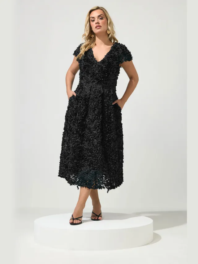 Yours London Zwarte 3D Bloemenprint Skaterjurk Black