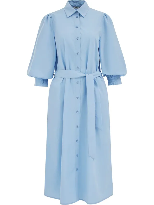 WE Fashion Dames midi blousejurk met strikceintuur Light blue