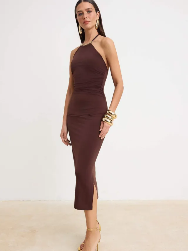 Trendyol TRENDYOLMİLLA Dames Bruin Effen Maxi Mouwloos Bodycon Jurken