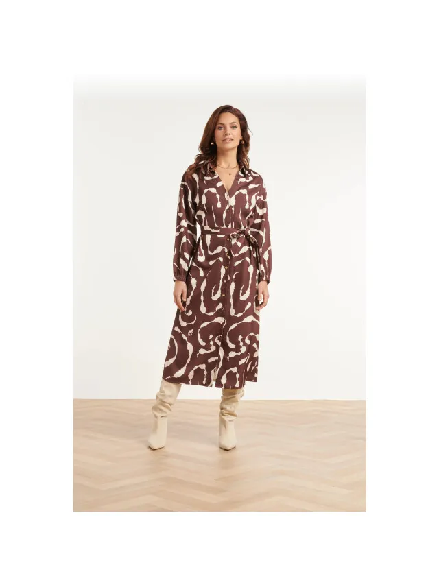 Smashed Lemon Midi blousejurk met abstracte print Bruin
