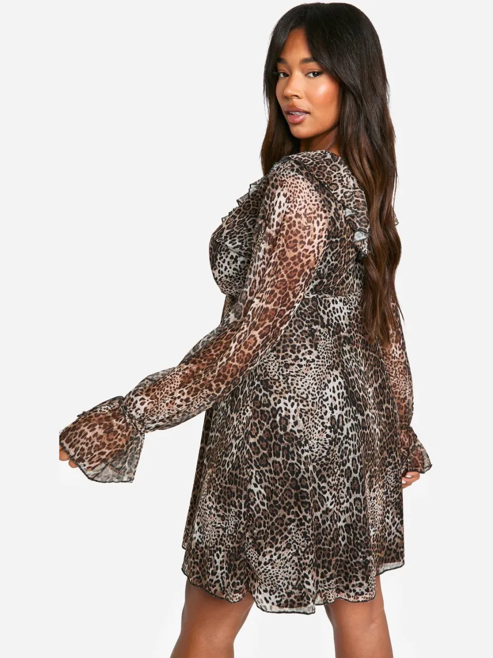 boohoo Dames Plusmaat Luipaard Ruffle Smock Jurk luipaardprint, foto 3