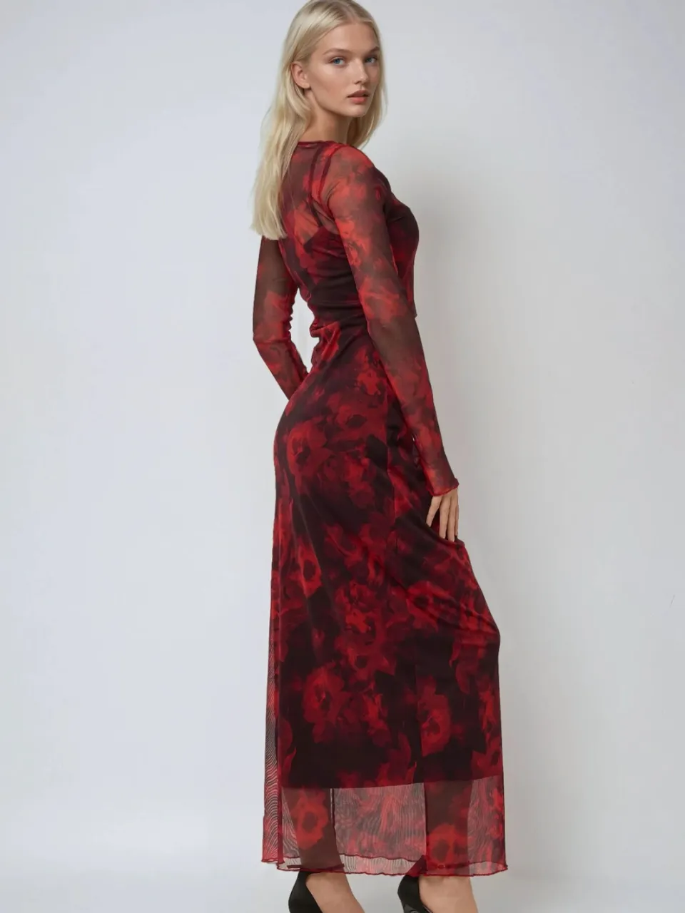 Hiccup Bloemenprint Bodycon Maxi Mesh Jurk rood, foto 2