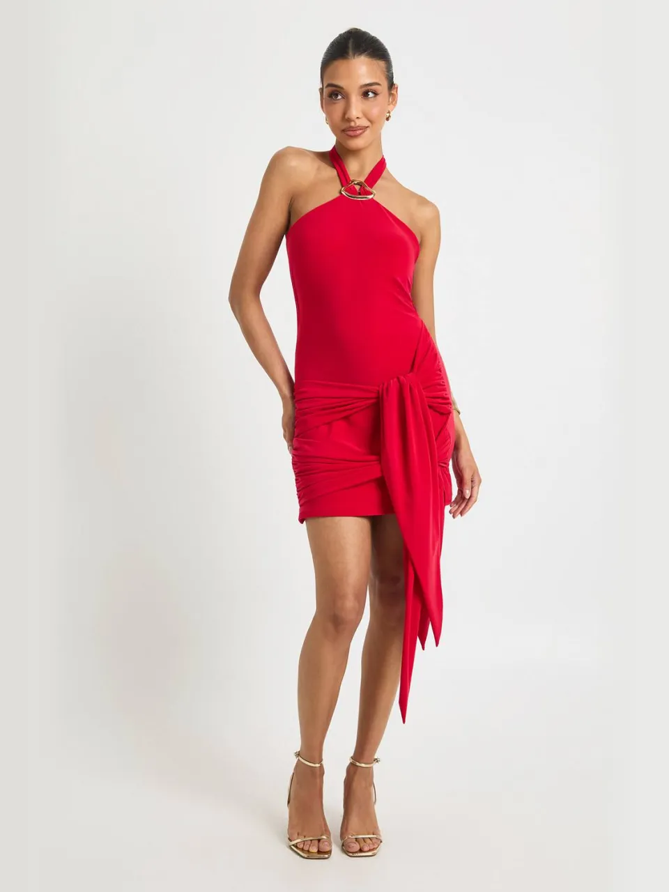 boohoo Dames Mini-jurk met halterneck en strikdetail rood, foto 2