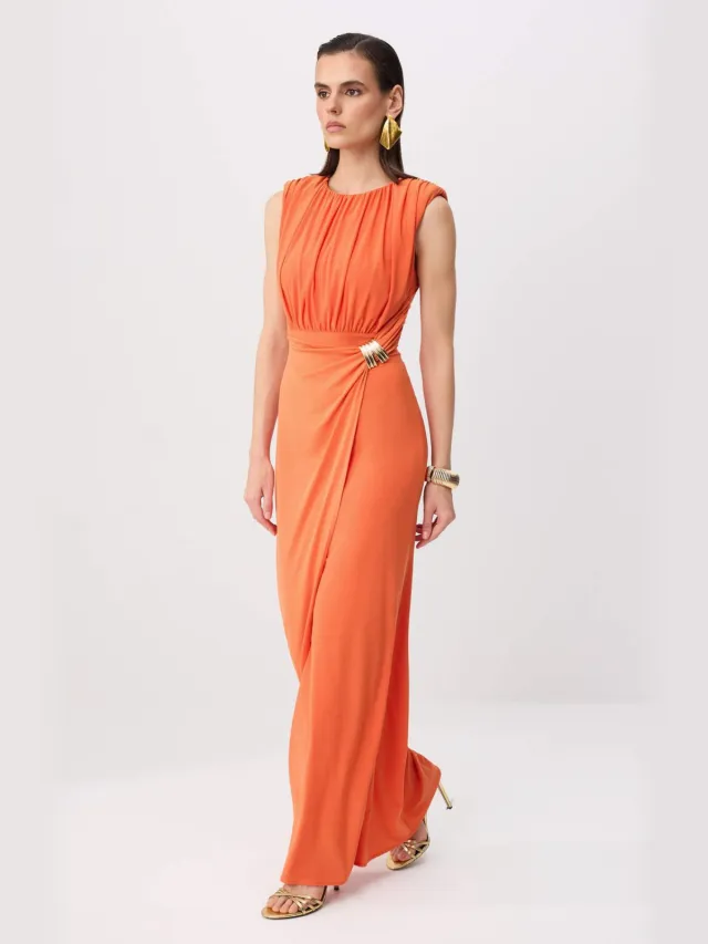 Trendyol TRENDYOLMİLLA Dames Oranje Effen Maxi Mouwloos Stijlvol/Avond Recht Avond & Gala Jurk