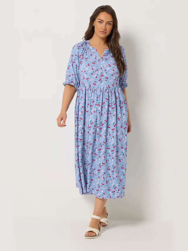 Yours Blauwe Bloemen Met Kersenmotief Maxijurk Met Een Notch Neck Blue
