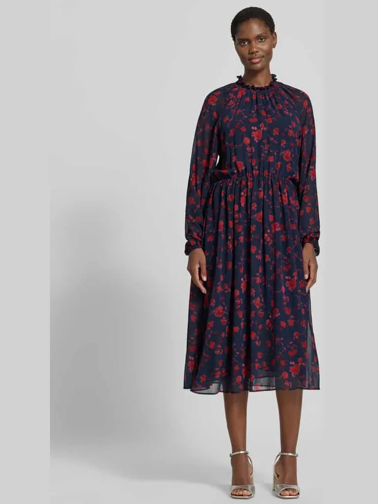 Christian Berg Woman Selection Midi-jurk met kraag met ruches en raglanmouwen Marineblauw
