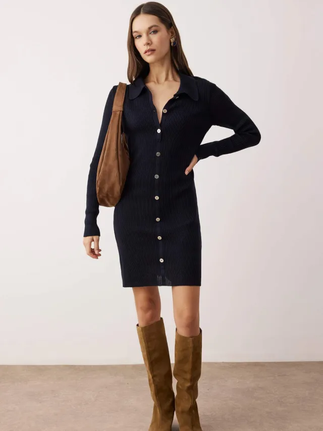 Trendyol TRENDYOLMİLLA Dames Donkerblauw Effen Kort / Mini Lang Casual Recht Jurken Marineblauw/Blauw