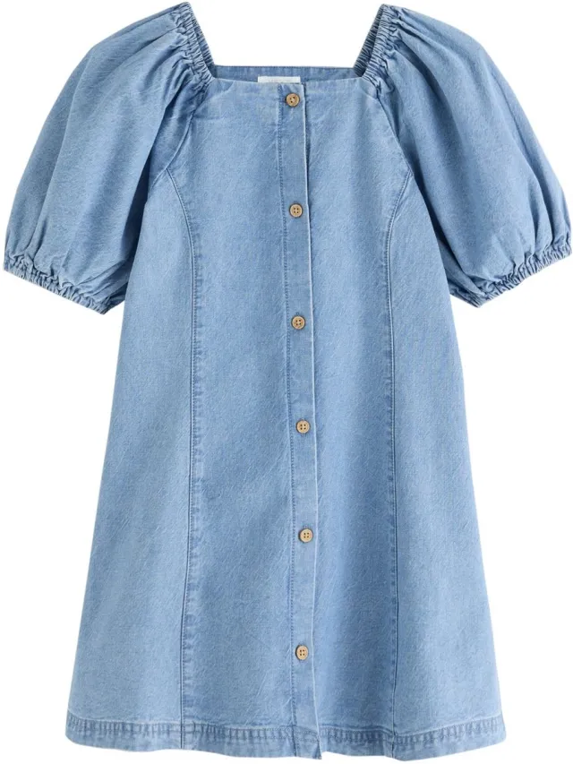 Next Meisjes - Jurk met pofmouwen en knopen aan de voorzijde - Blauw Denim