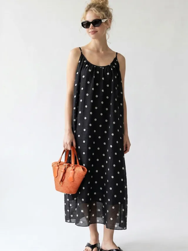 Mixray Polkadot A-Lijn Maxi Jurk Zwart