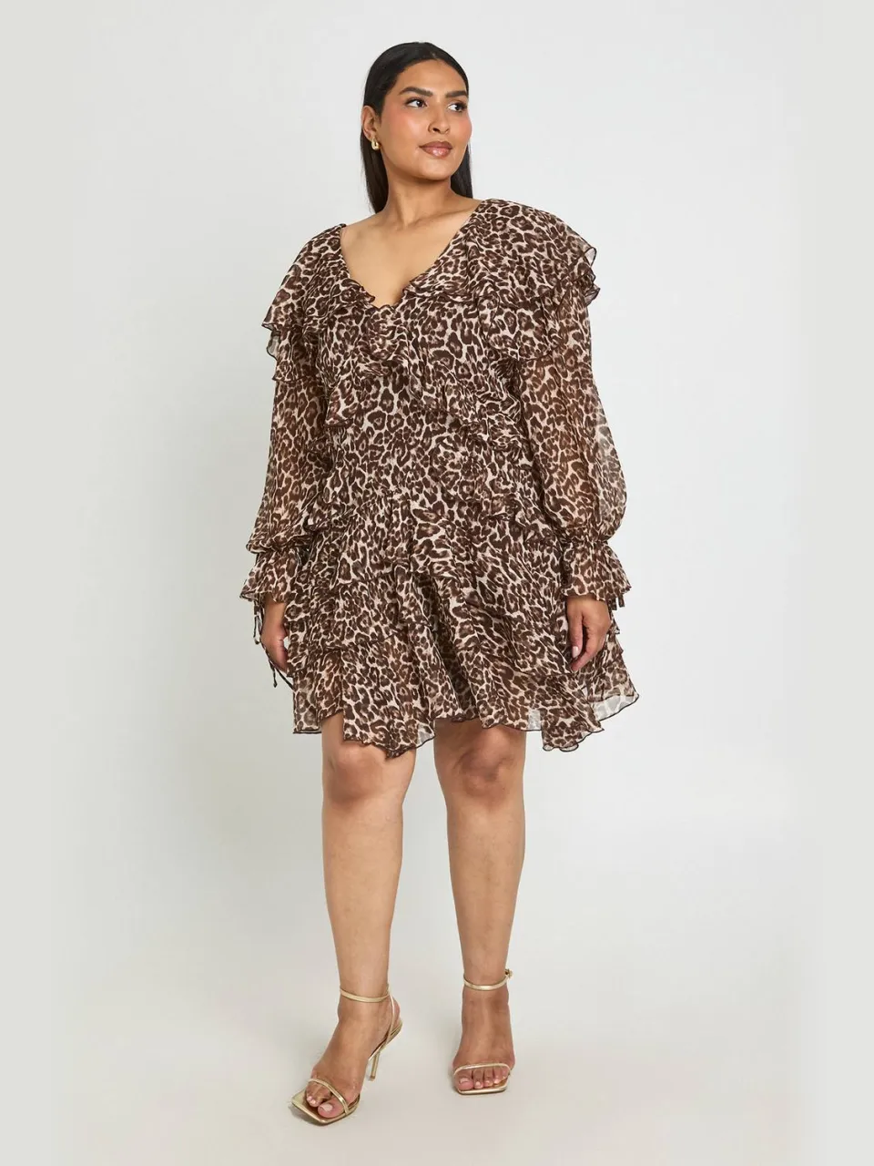 boohoo Dames Plus Chiffon Mini-jurk Met Bloemenprint En Ruches luipaardprint, foto 2