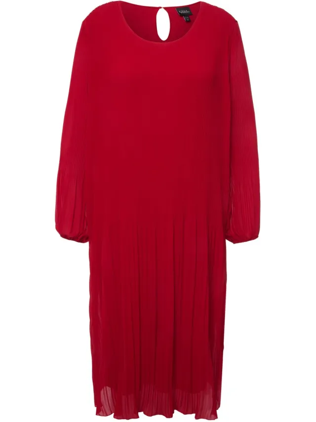 Ulla Popken Dames - Geplooide midi-jurk A-lijn ronde hals lange mouwen - Rood - Maat 54+