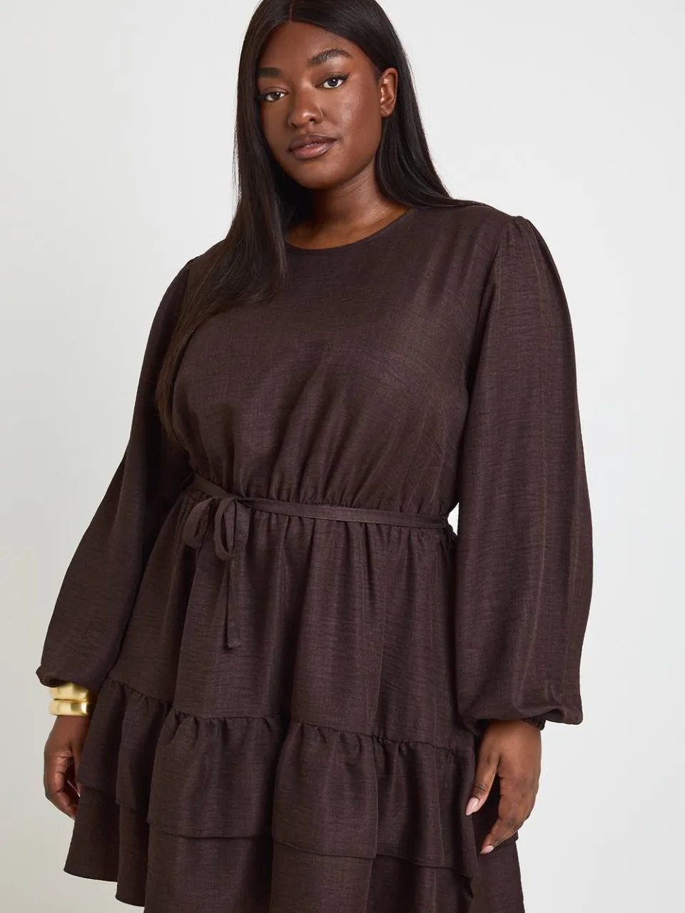 boohoo Dames Plus Pofmouw Smock Jurk chocoladebruin, foto 3
