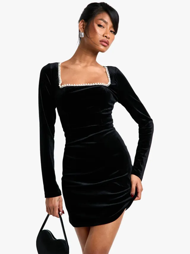 boohoo Dames Fluwelen mini-jurk met vierkante hals, parelbestrating en gestructureerd ontwerp Zwart