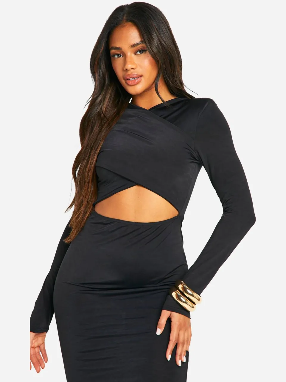 boohoo Dames schoudervulling crossover cut-out slinky maxi-jurk zwart, foto 2