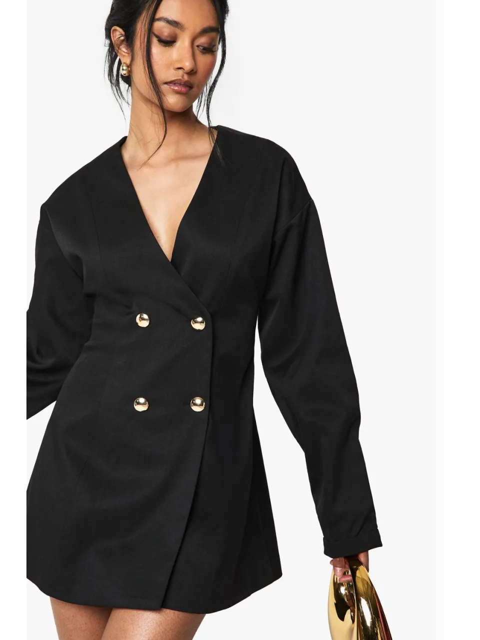 boohoo Dames Tailored Collarless Cinched Waist Blazer Dress zwart, foto 4