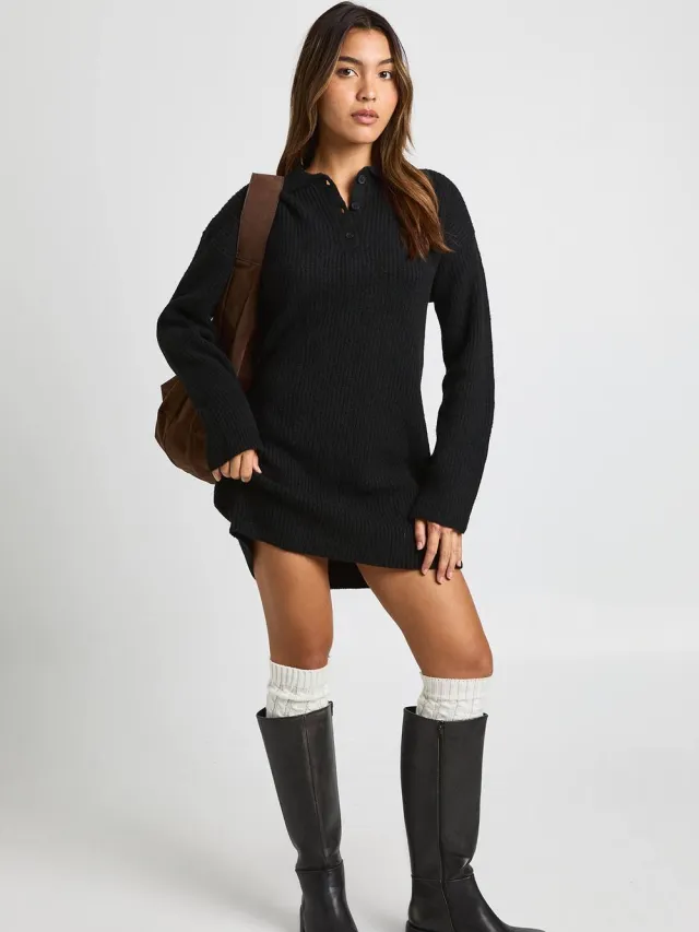 boohoo Dames Kraagdetail Oversized Rugby Gebreide Mini Jurk Zwart
