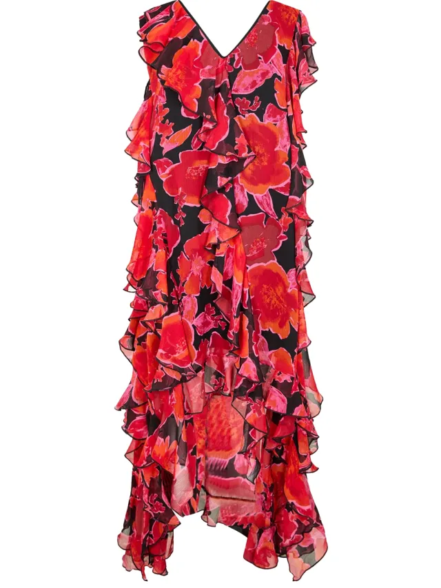 Biba Maxijurk met bloemenprint en ruches voor dames (Rood, Zwart)