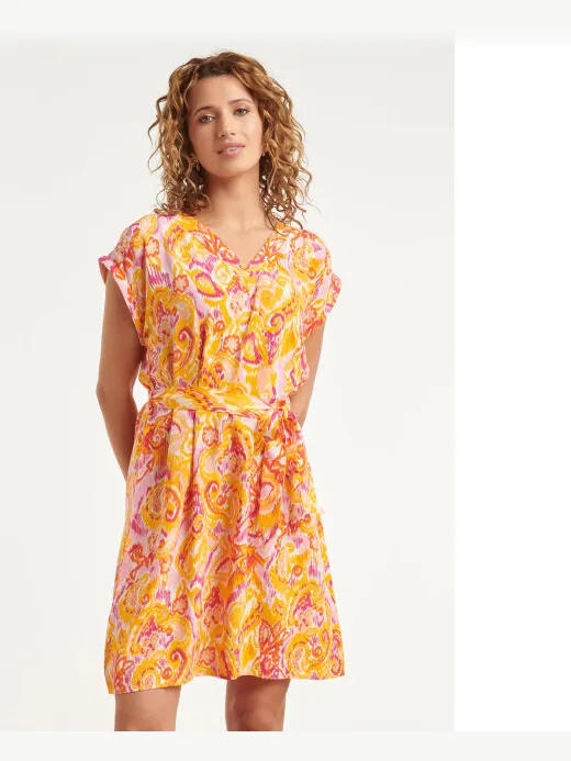 Smashed Lemon Korte jurk met ceintuur en oranje-roze paisley print Veelkleurig