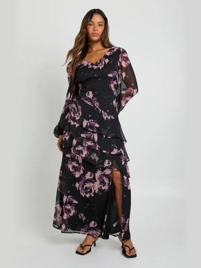 boohoo Dames Maxi-jurk in chiffon met bloemenprint en zwierige franjes Chocoladebruin