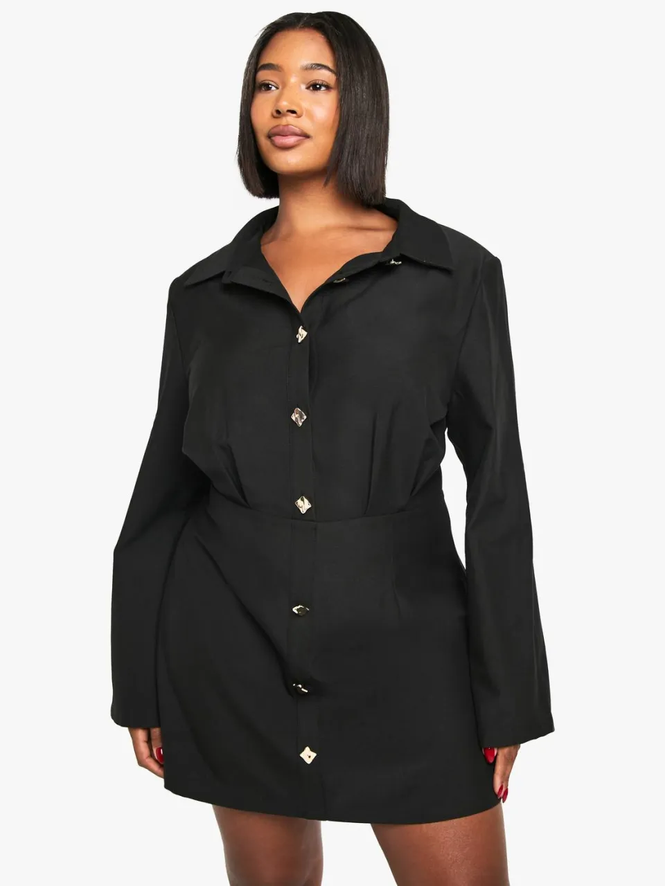 boohoo Dames Plus Gold Button Shift Shirtjurk, foto 3
