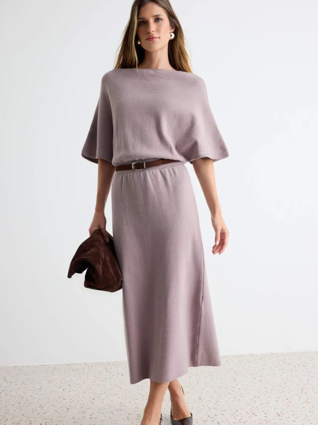 Trendyol TRENDYOLMİLLA Dames Beige Effen Maxi Driekwart mouw Skater Jurken Taupe
