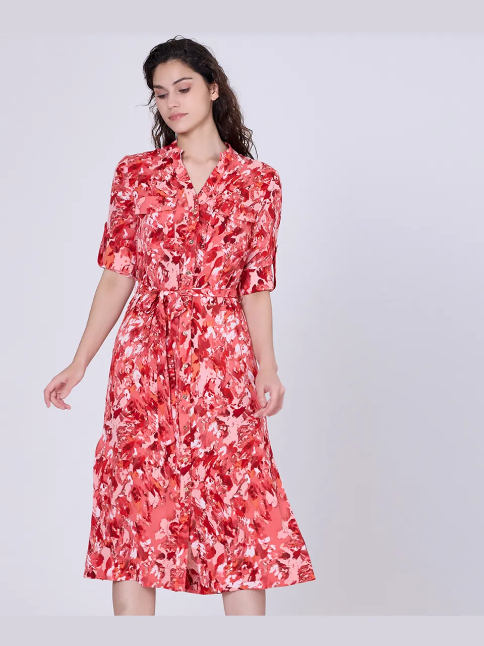 Smart & Joy Klassieke shirtjurk met abstracte print rood, foto 2