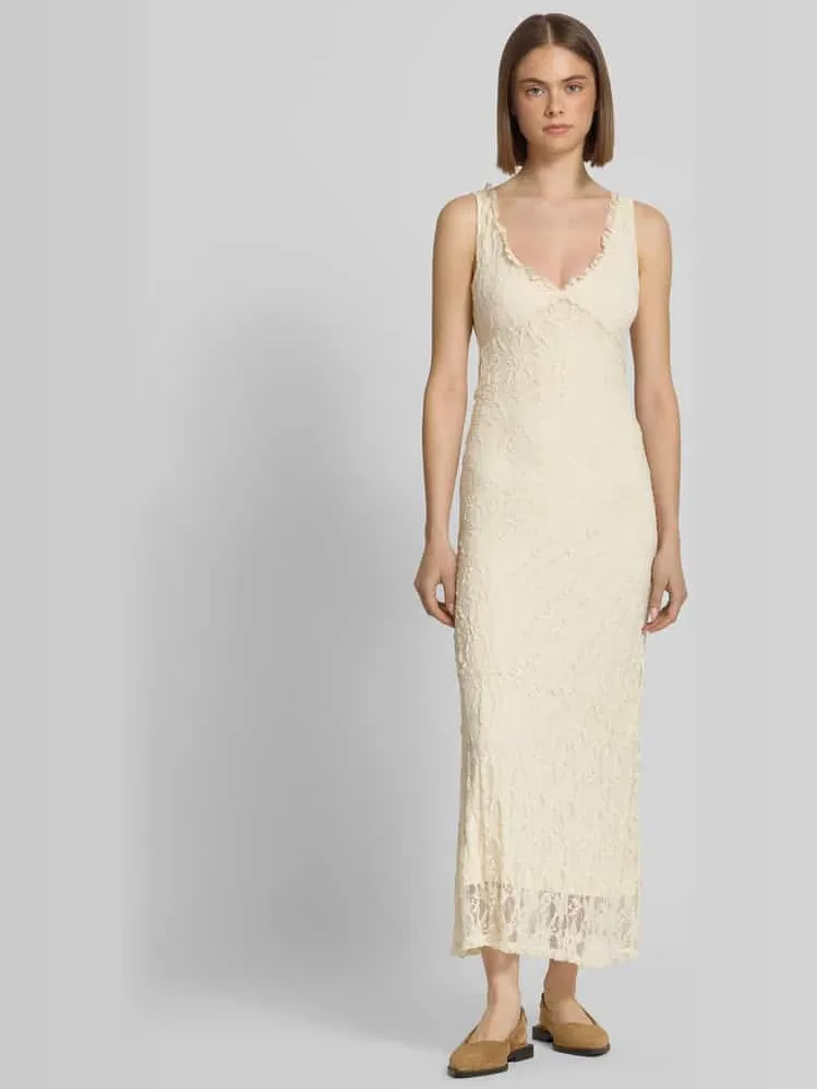 Only Nauw kanten jurk met diepe V-hals model 'ALBINA' Ecru