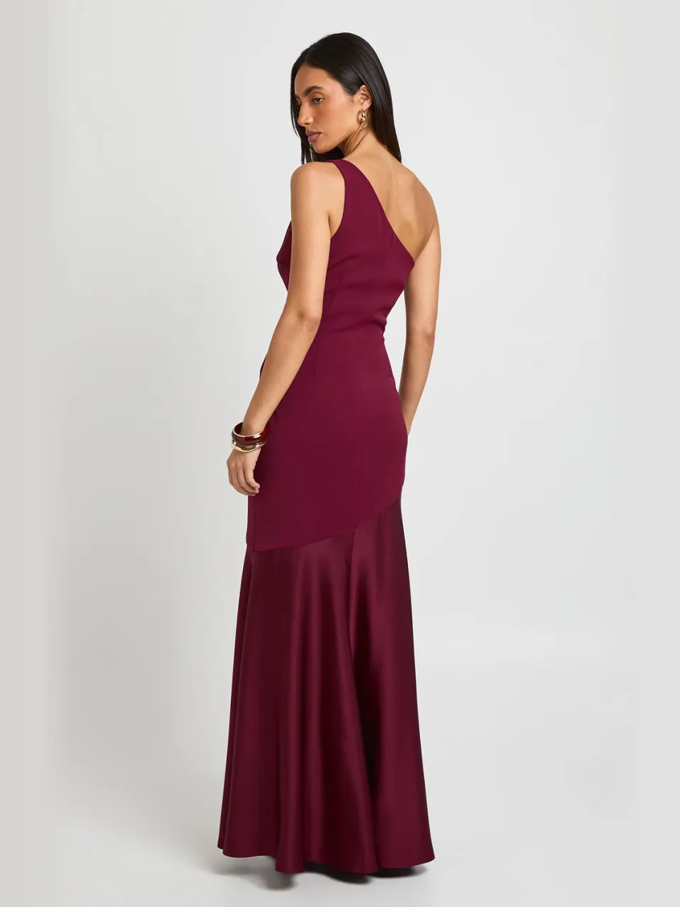 boohoo Dames Asymmetrische Maxi-jurk Met Crêpe En Satijn Mix bordeaux rood, foto 2