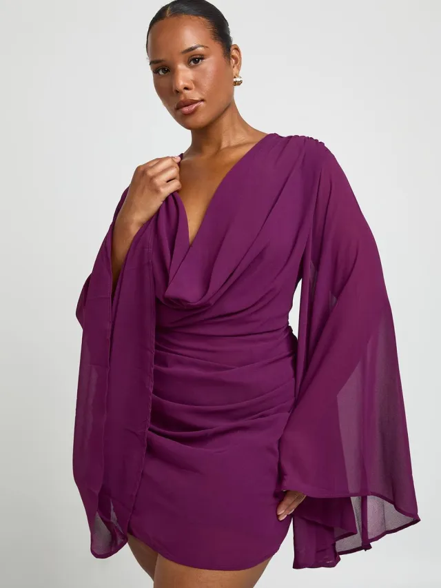 boohoo Dames Plus Chiffon Waterval Mini Jurk Violet