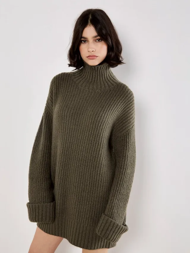 Apricot Bouclé gebreide visserstrui-minijurk Kaki