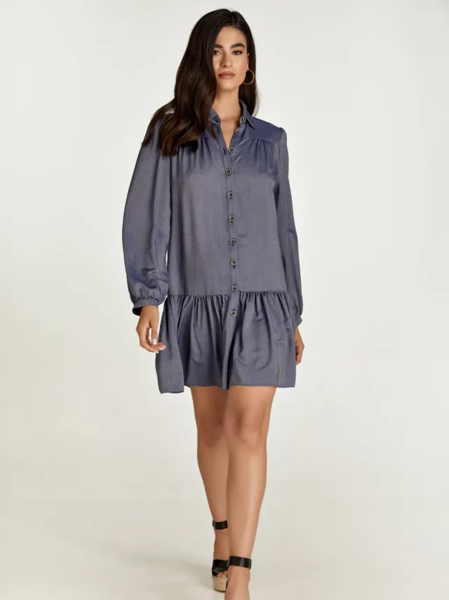 Conquista Blauwe denim stijl jurk met knopen Indigoblauw