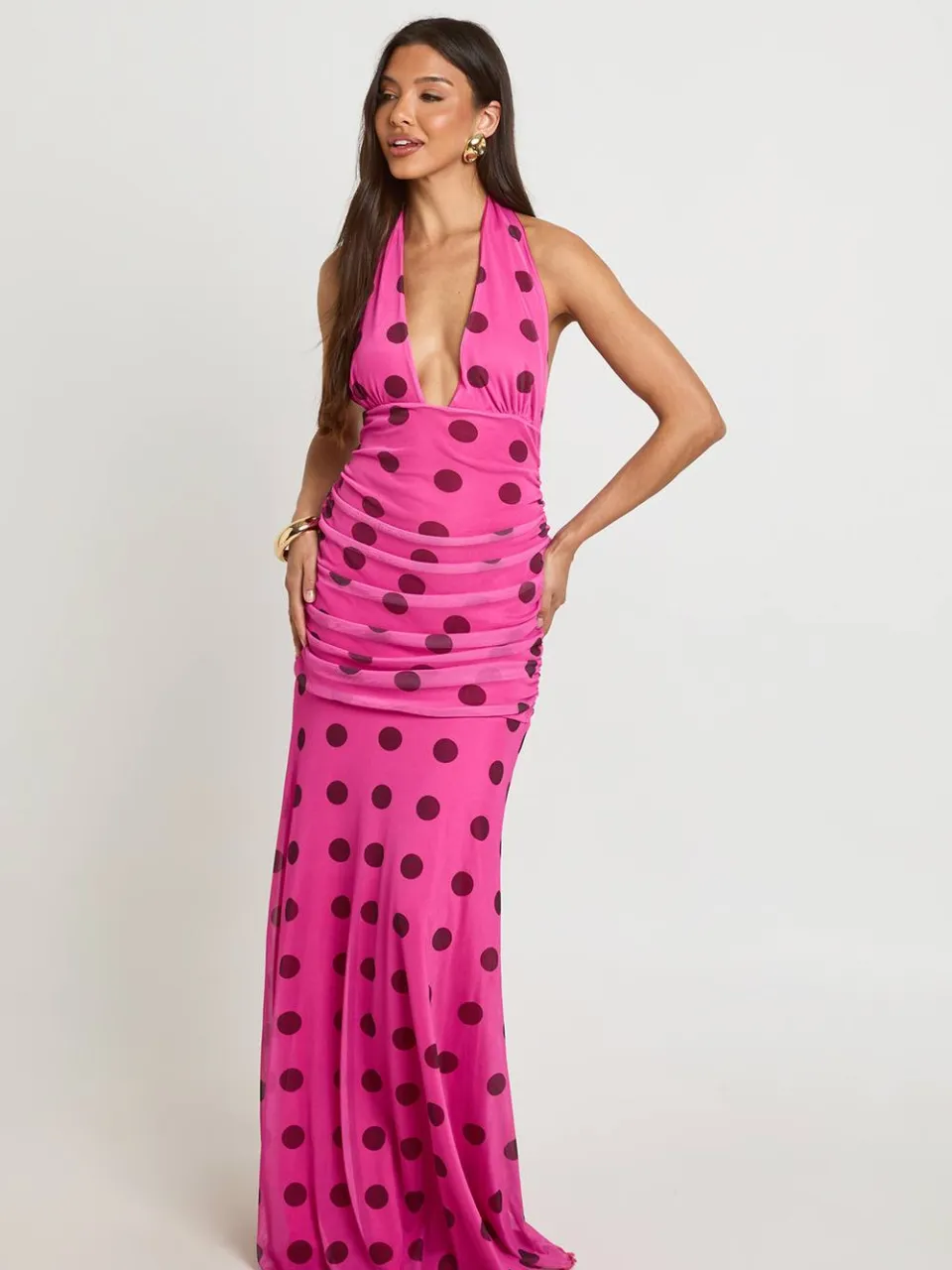 boohoo Dames Maxi-jurk Met Tonale Polkadots En Geplooid Middel roze, foto 3