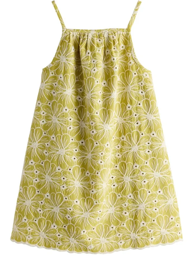 Next Meisjes - Zomerjurk met dunne bandjes en broderie - Geel Chartreuse