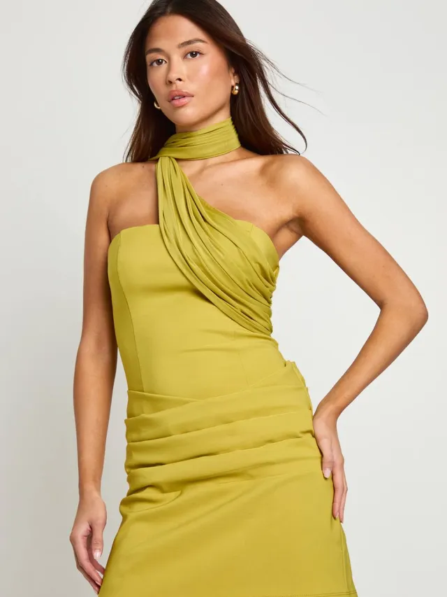 boohoo Dames Gedrapeerde mini-jurk in een mix van meshstoffen chartreuse, foto 2