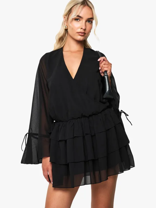 boohoo Dames Chiffon langarm mini-jurk Zwart