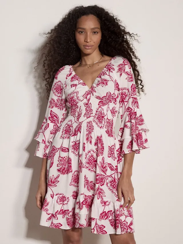 Apricot Sarasa bloemen mini-jurk met ruches roze / wit