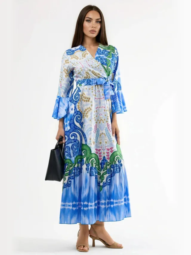 MSN Collection Fleurige Paisley V-hals Maxi Jurk Blauw