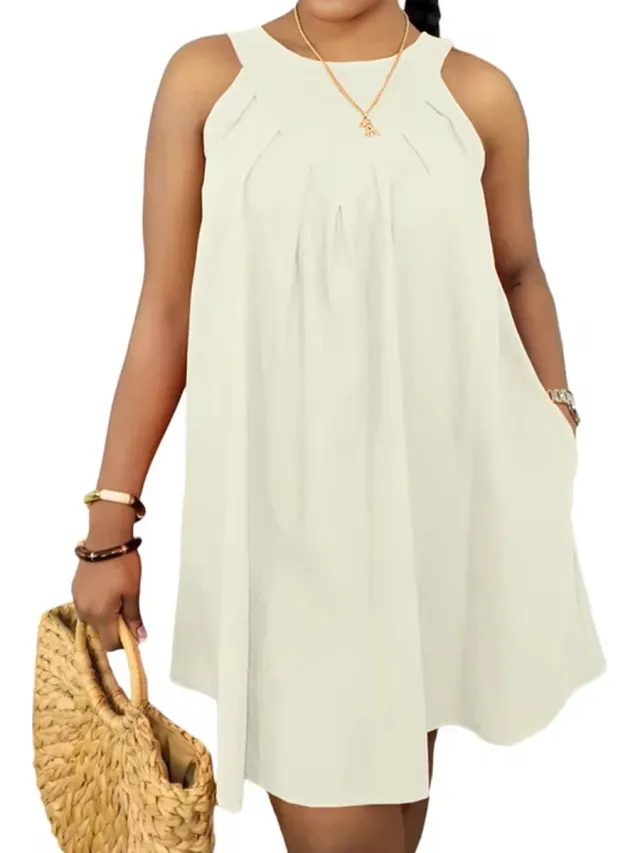 ASTRADAVI Casual Chic - Dames Zomer Jurk - Mooie Crêpe Mouwloze Jurk met Zijzakken - Off-White / X-Large