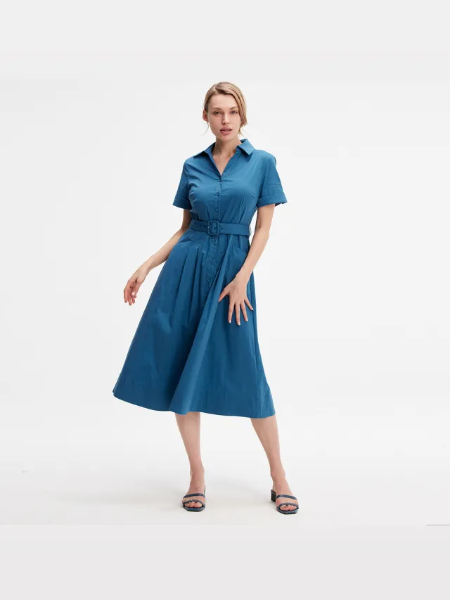 Smart & Joy Wijd uitlopende katoenen shirtjurk Blauw