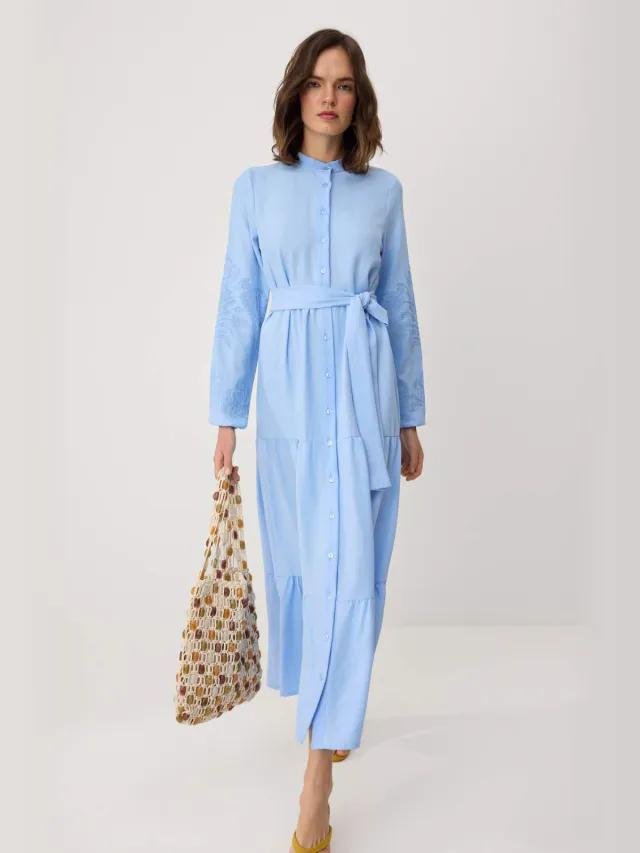 Trendyol Modest Dames Blauw Geborduurd Maxi Lang Casual Skater Modest Jurken