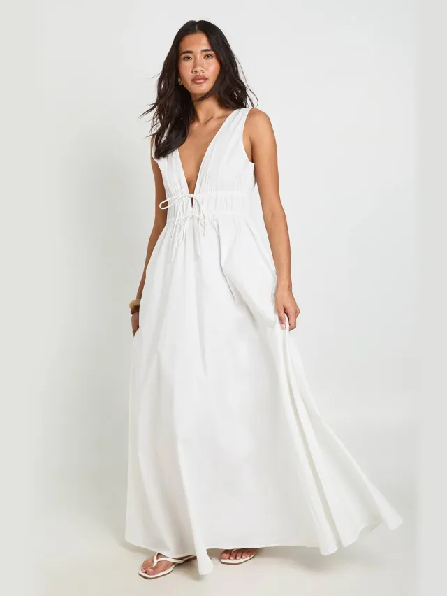 boohoo Dames Maxi Skater Jurk Met Diepe V-hals En Strikdetail Wit