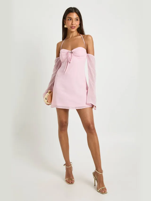 boohoo Dames Chiffon Mini Jurk met Lange Mouwen Roze