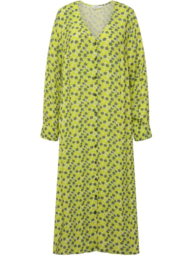 Studio Untold Dames - Maxi-jurk A-lijn all-over print V-hals knoopsluiting - Saliegroen - Maat 46+